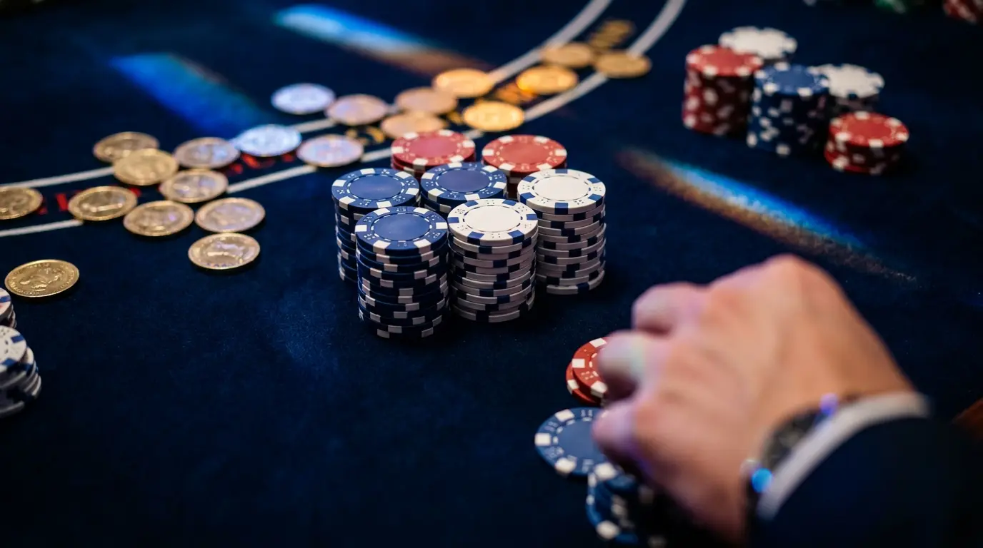 Jetons de casino et pièces bonus sur feutre avec éclairage tricolore