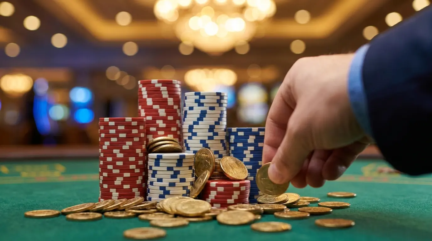 Jetons de casino et pièces dorées sur table de jeu verte