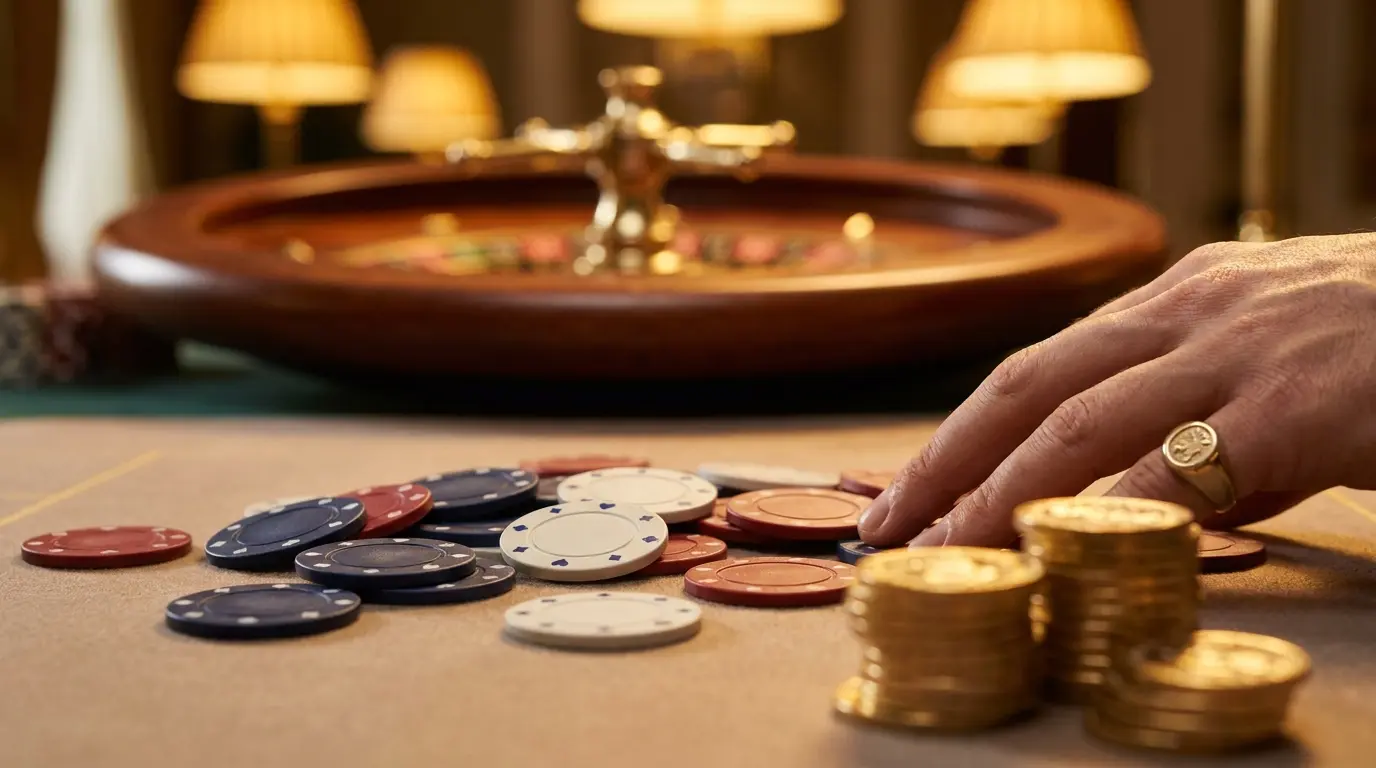 Jetons de casino et pièces sur feutre tricolore français