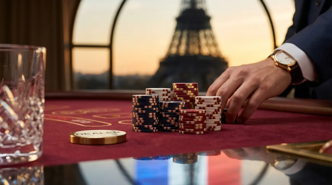 Jetons de casino avec couleurs françaises en lumière dorée