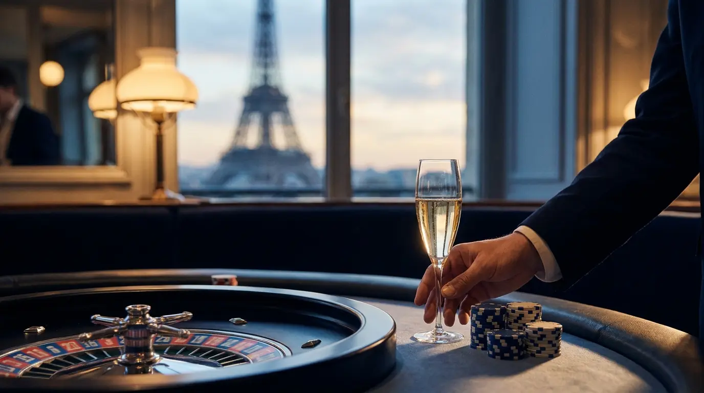 Roulette de casino avec champagne et Tour Eiffel en arrière-plan