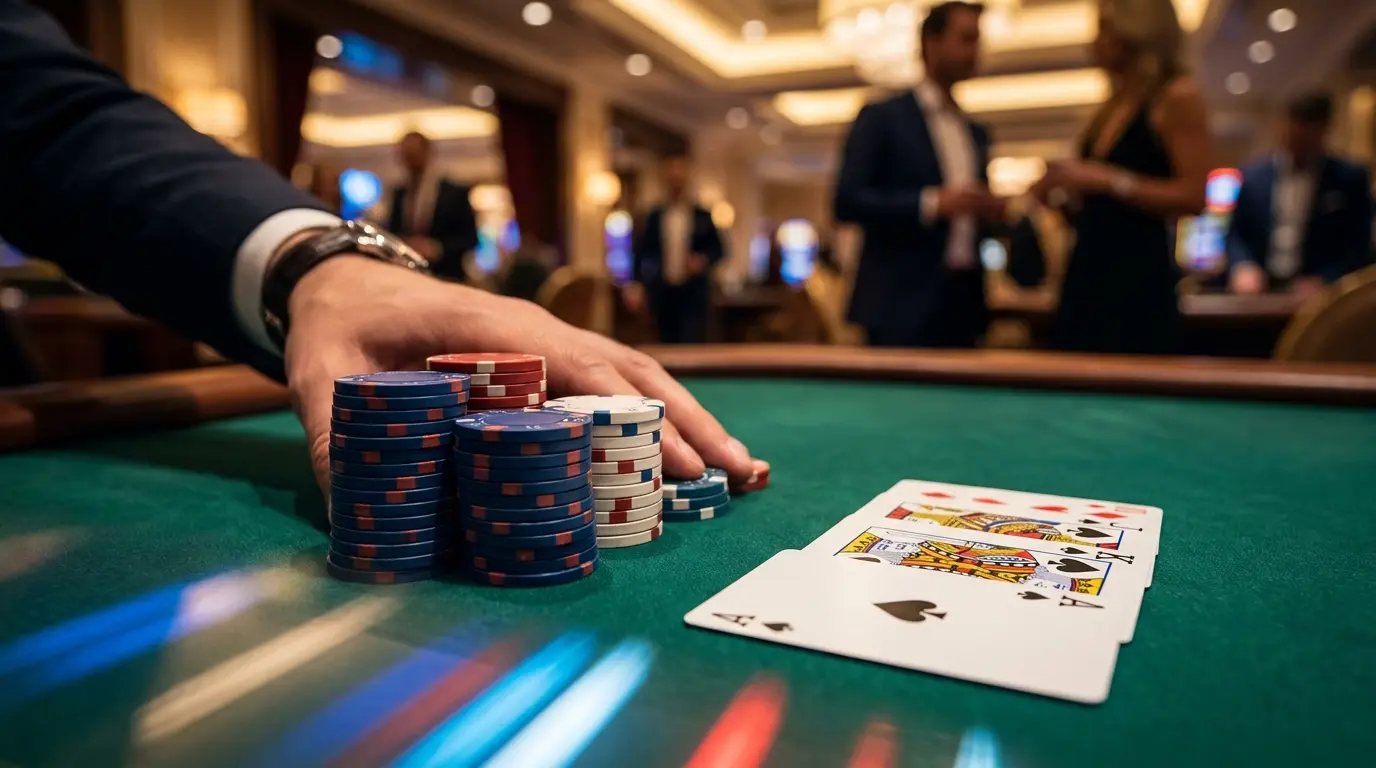 Jetons de poker et cartes sur table de casino française