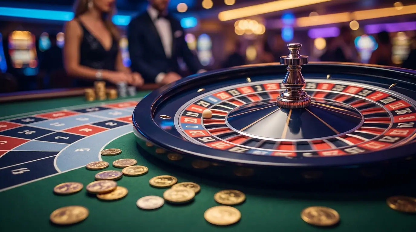 Roulette de casino avec jetons et pièces dorées en mouvement