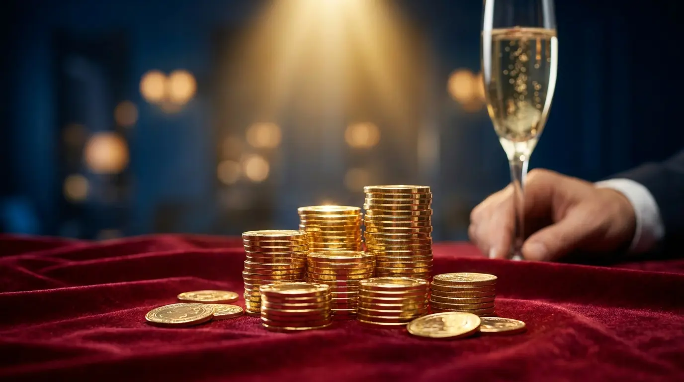 Jetons de casino dorés et champagne sur velours rouge luxueux