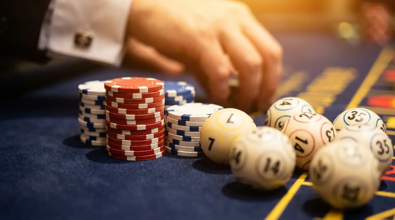 Jetons de casino et boules de keno sur feutre bleu