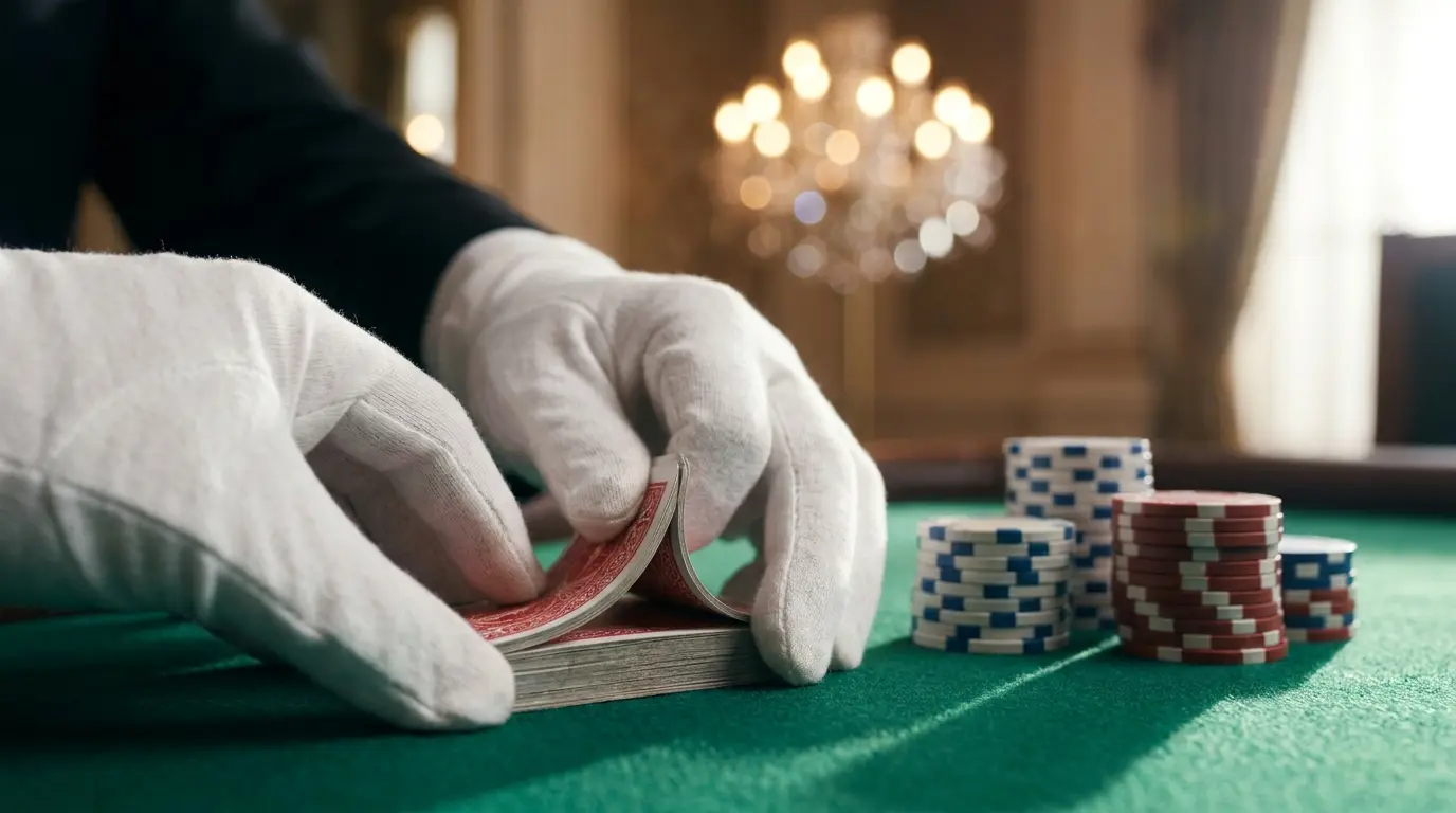 Croupier distribuant des cartes de baccarat en direct