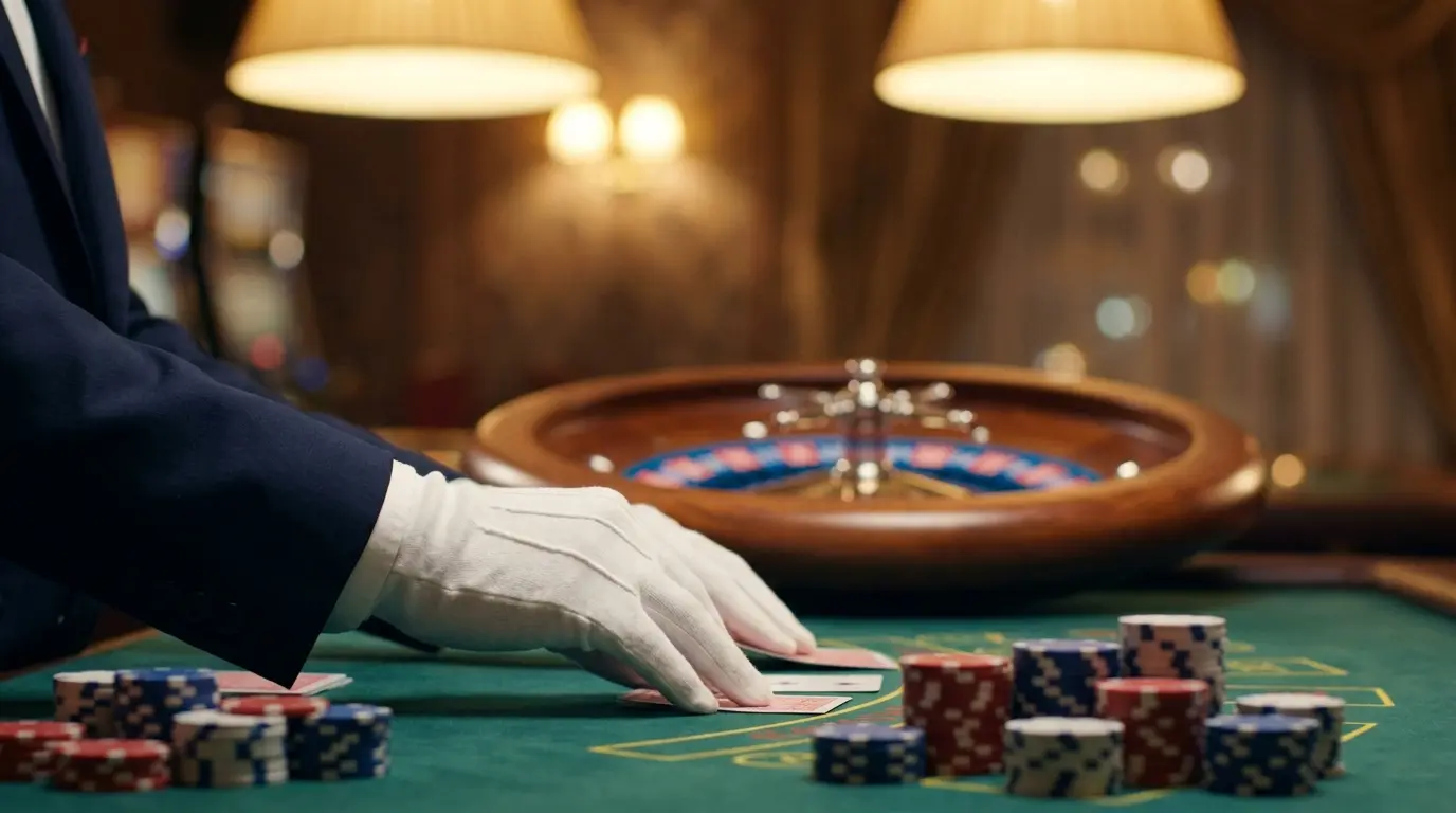Croupier distribuant des cartes sur table de casino en direct
