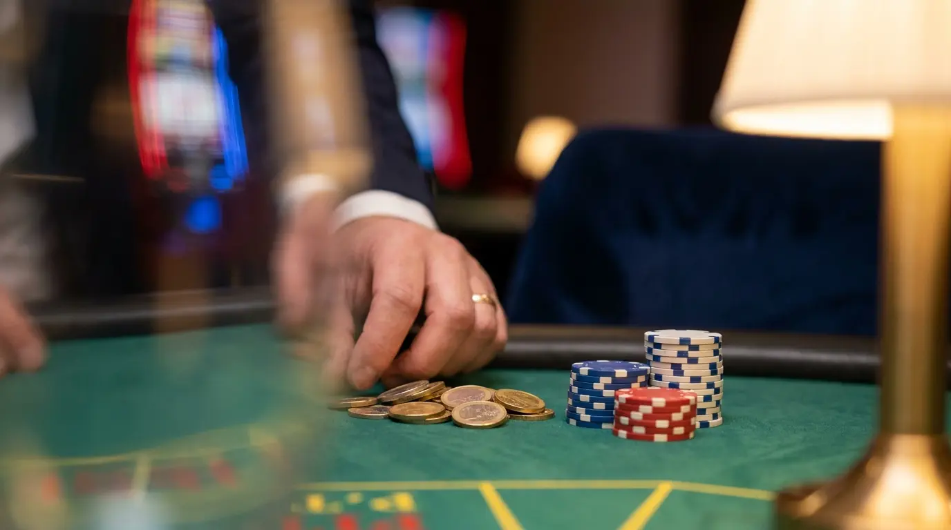 Pièces et jetons de casino sur table verte