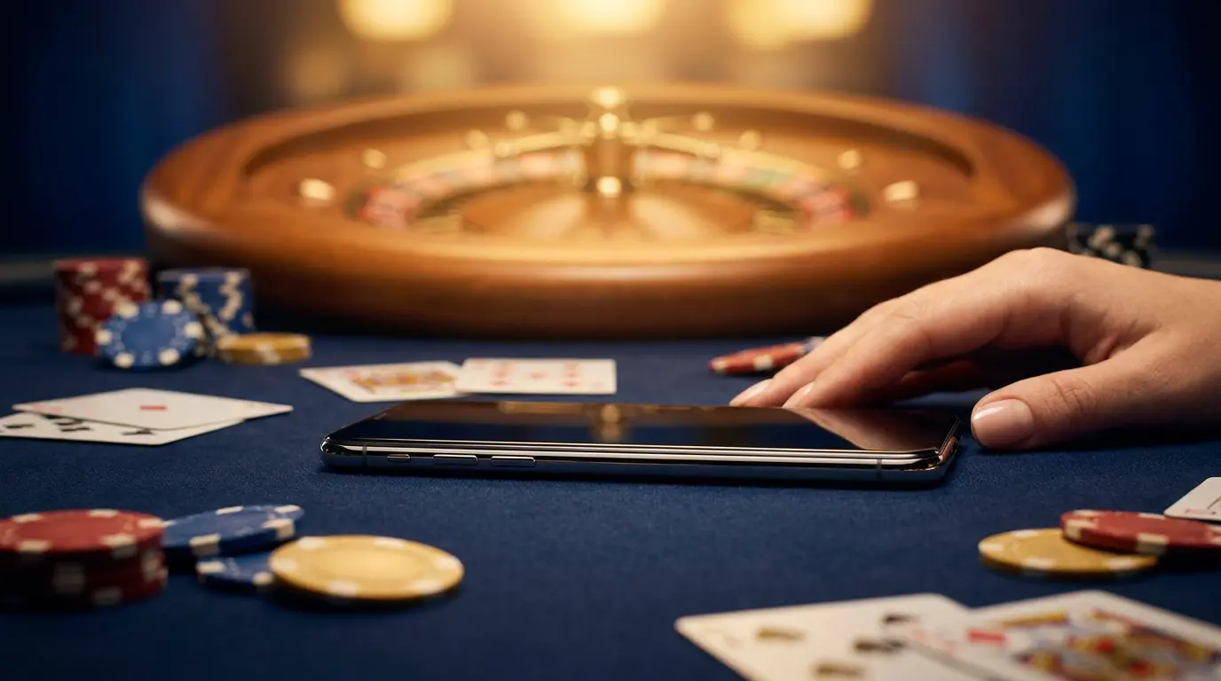 Smartphone entouré de jetons de poker et cartes sur table de casino