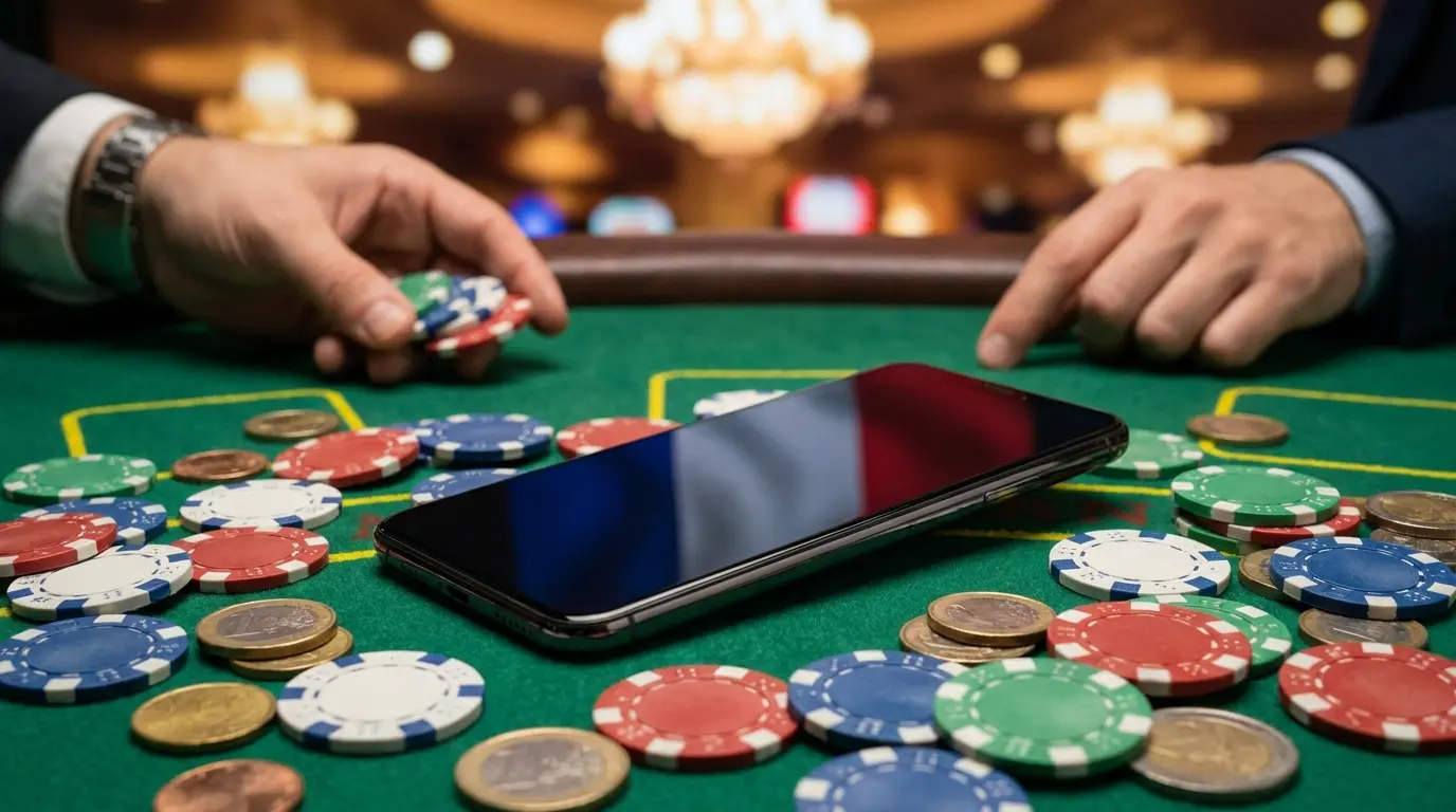 Smartphone et jetons de casino sur tapis vert avec pièces euro