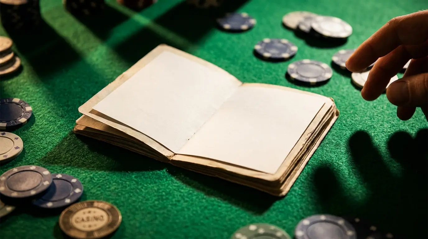 Passeport ouvert entouré de jetons de casino sur feutre vert