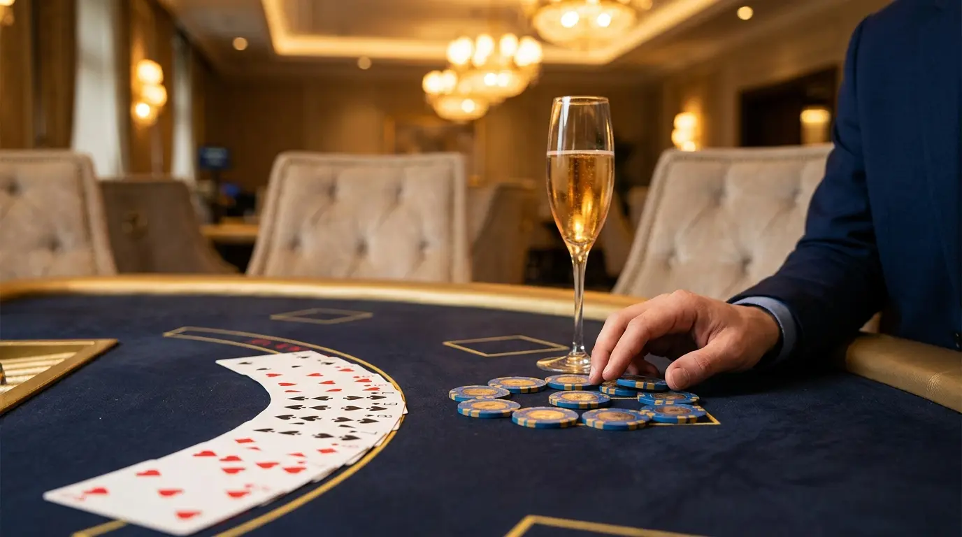 Cartes à jouer et jetons sur feutre vert avec verre de champagne
