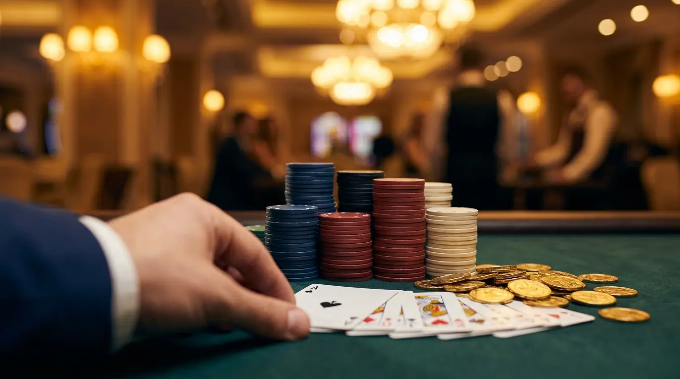 Jetons de poker et cartes sur table de casino verte