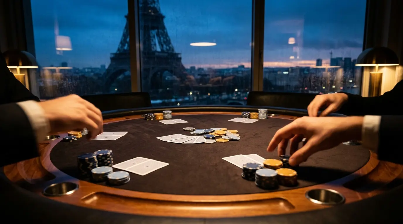 Table de poker avec vue sur Paris en arrière-plan
