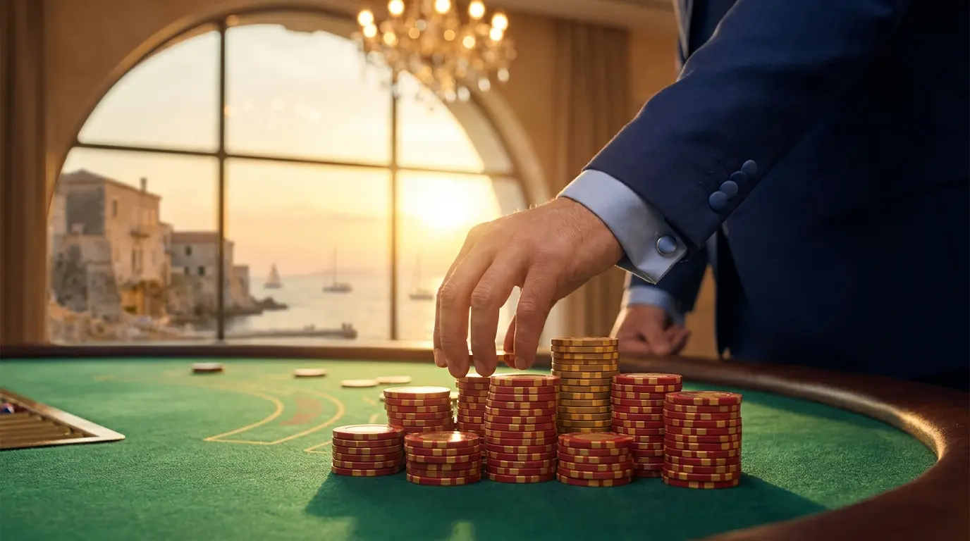 Jetons de casino empilés sur table de jeu avec vue côtière