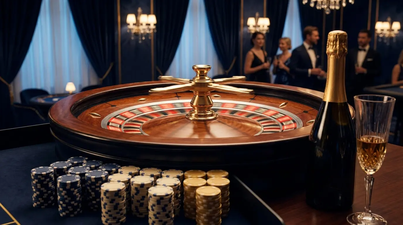 Roulette en mouvement avec jetons et champagne luxueux