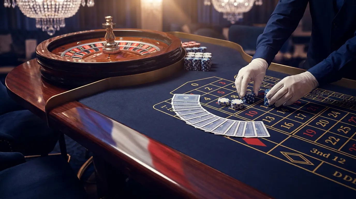 Vue aérienne d'une table de roulette avec croupier réel
