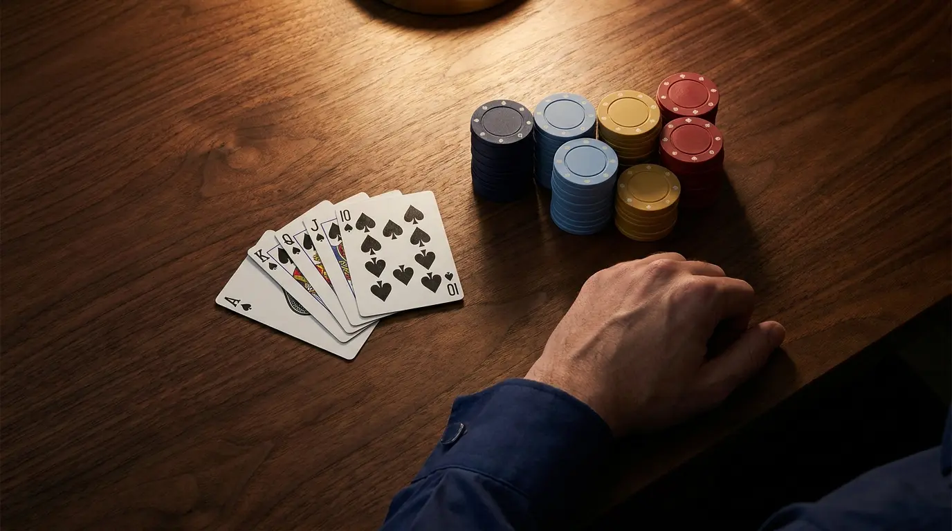 Cartes de poker et jetons empilés sur surface sombre