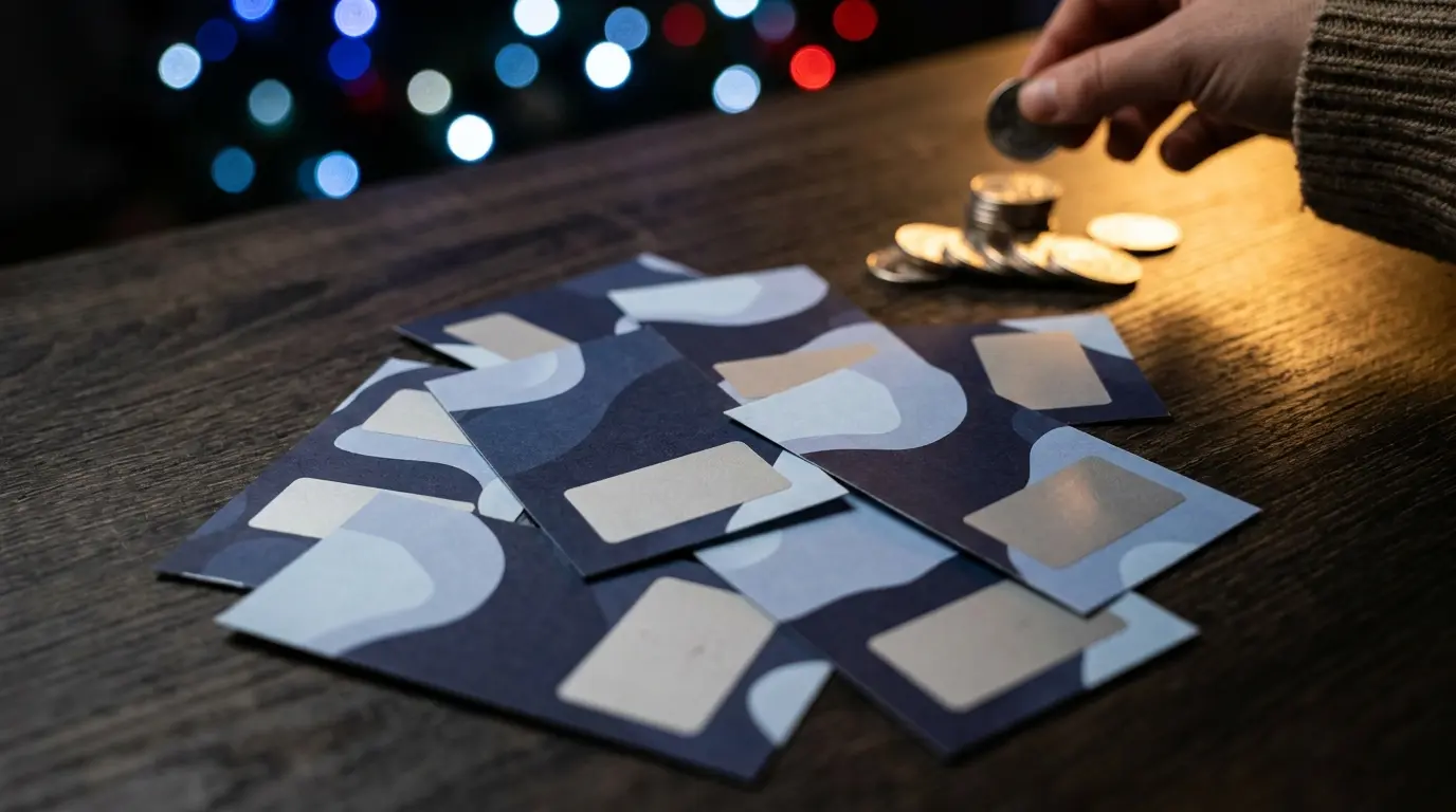 Cartes à gratter non grattées avec pièces et lumières tricolores