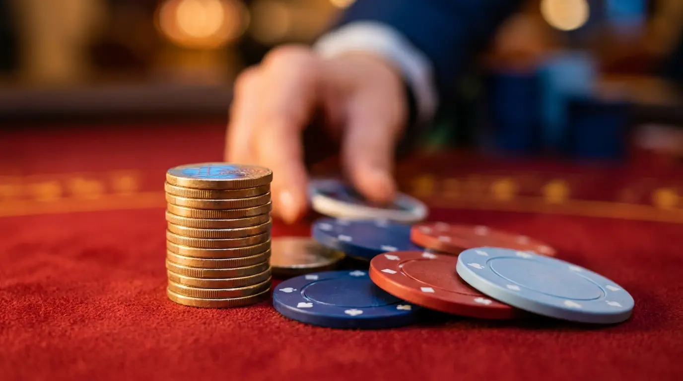 Pièces de 10 euros et jetons de casino sur feutre rouge