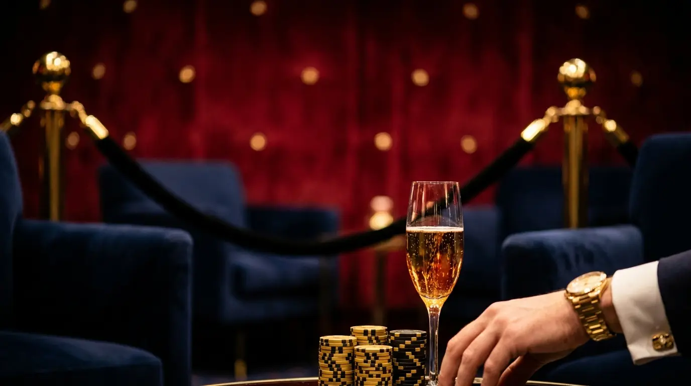 Jetons de casino VIP dorés avec champagne et cordons velours