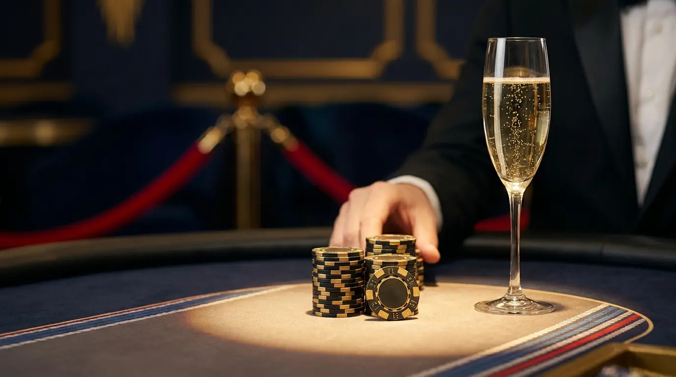 Table de casino VIP avec jetons dorés et champagne luxueux