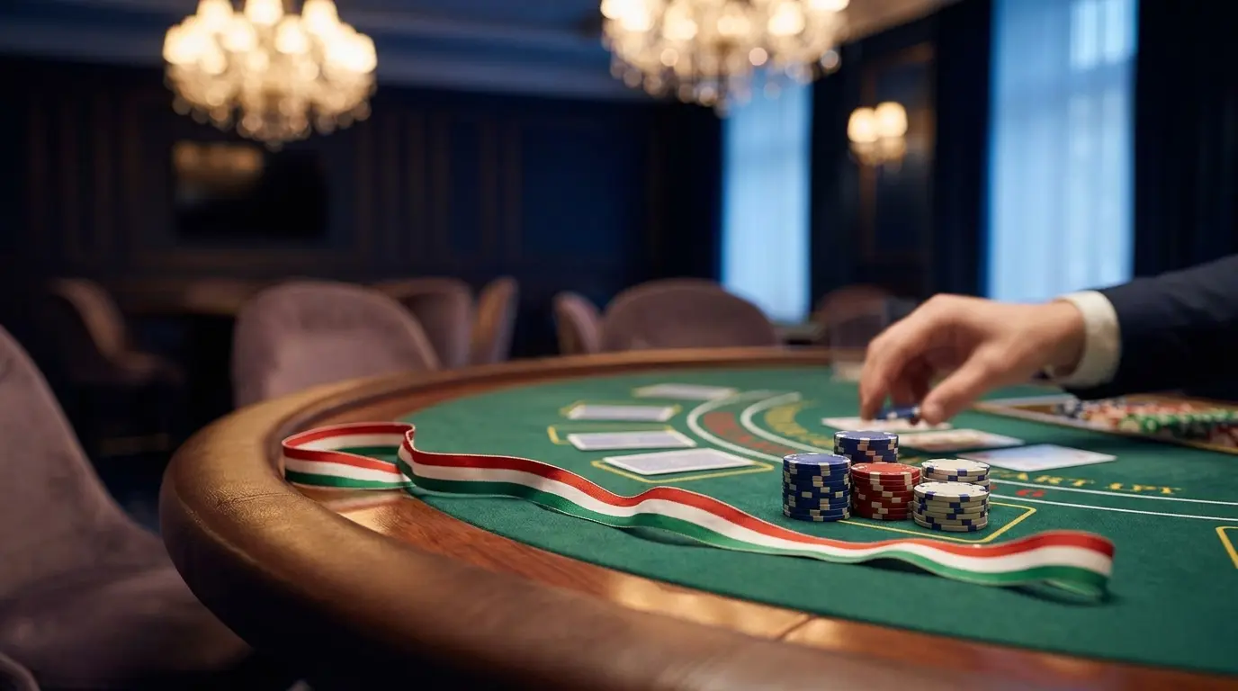 Baccarat asztal zsetonokkal és kártyákkal, magyar színekben