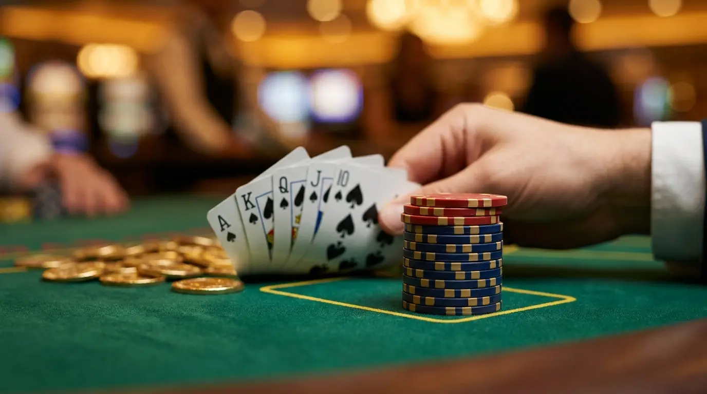 Kaszinó zsetonok és kártyák zöld pokerposztrón aranyszínű megvilágításban