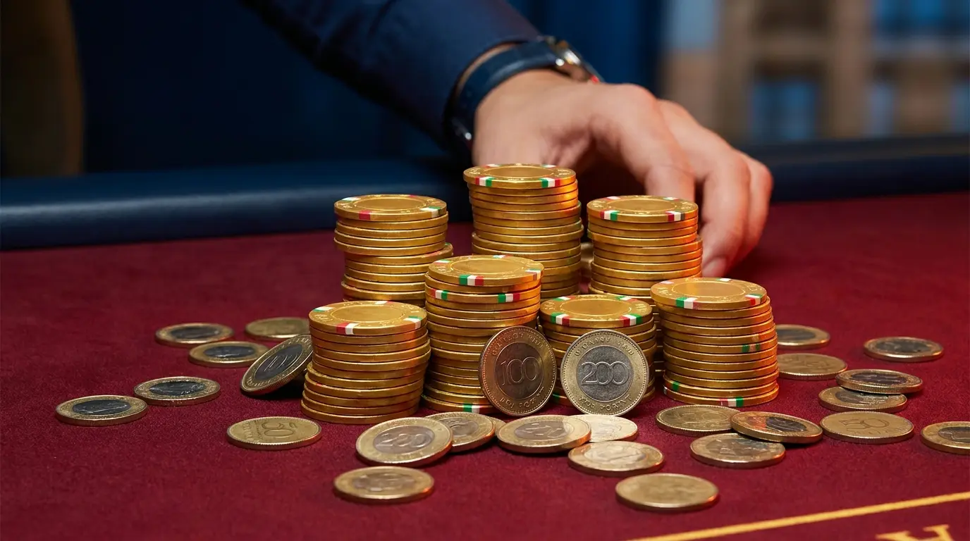 Kaszinó zsetonok és magyar forint érmék elegáns összeállítása