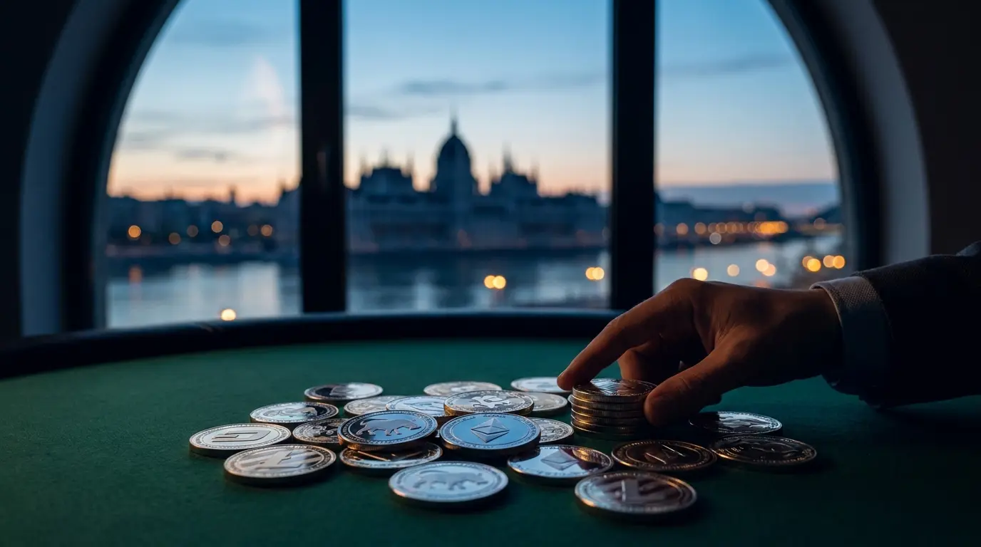 Kripto érmék kaszinó asztalon Budapest látképpel