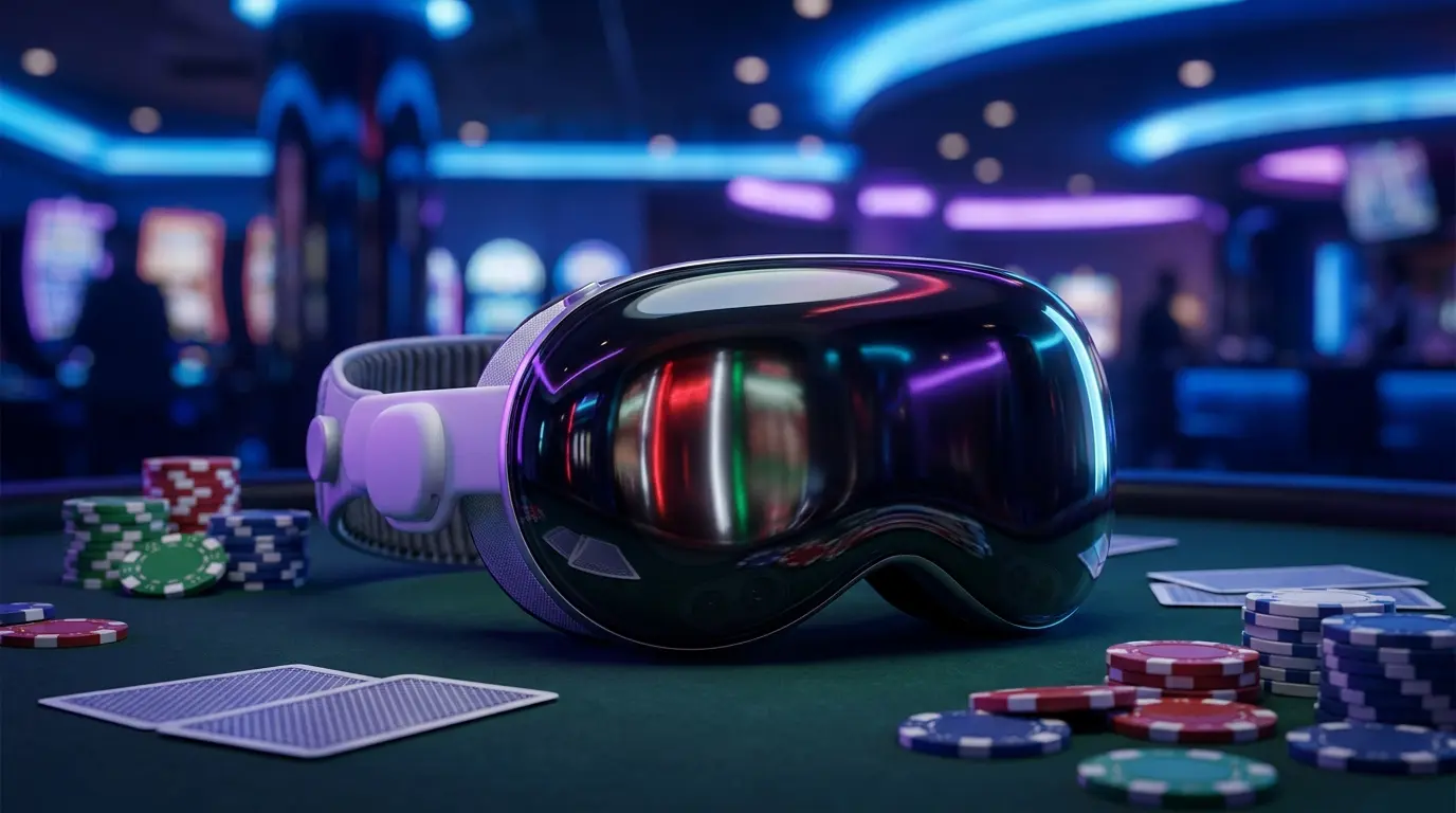 VR headset kaszinó asztalon zsetonokkal és kártyákkal