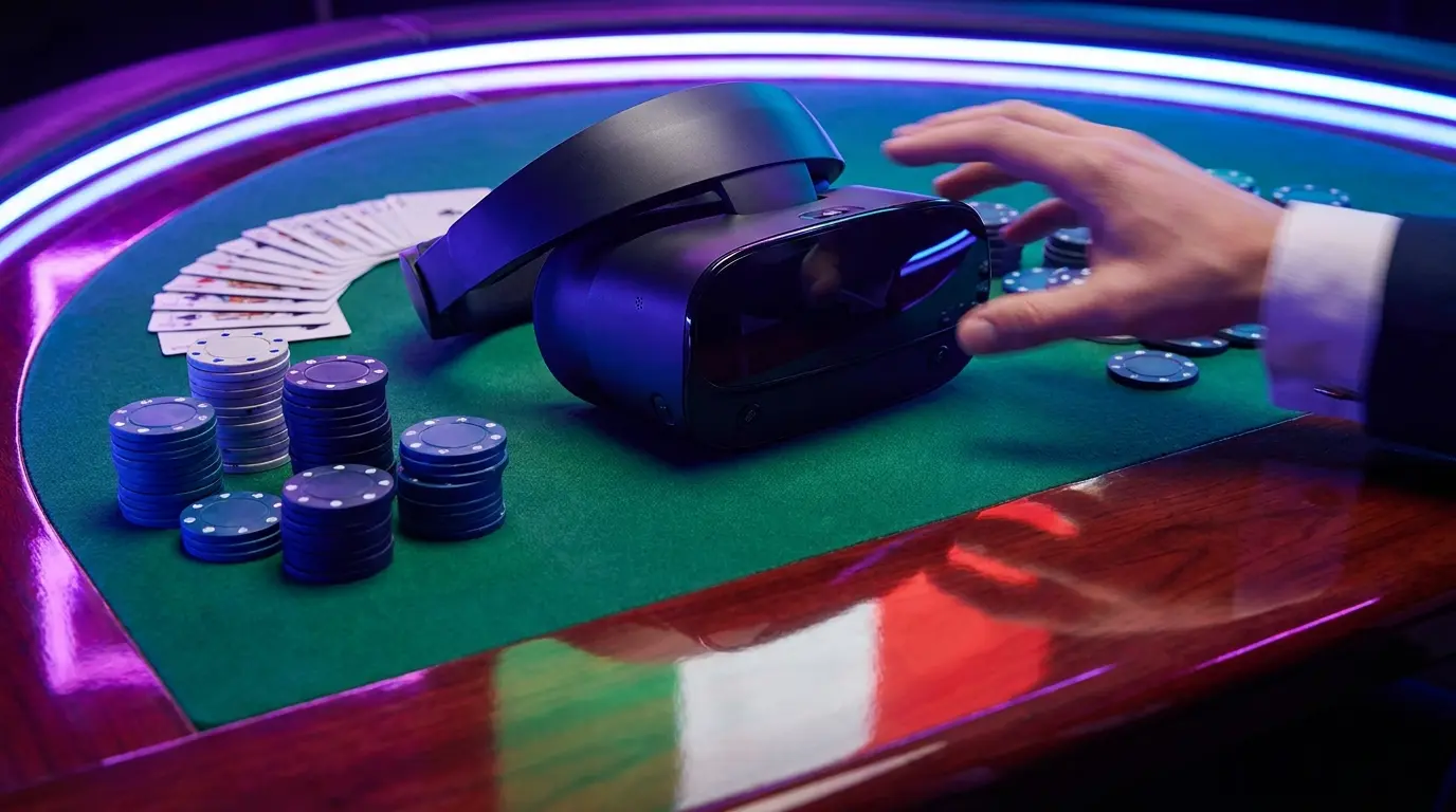 VR headset kaszinó asztalon zsetonokkal és kártyákkal