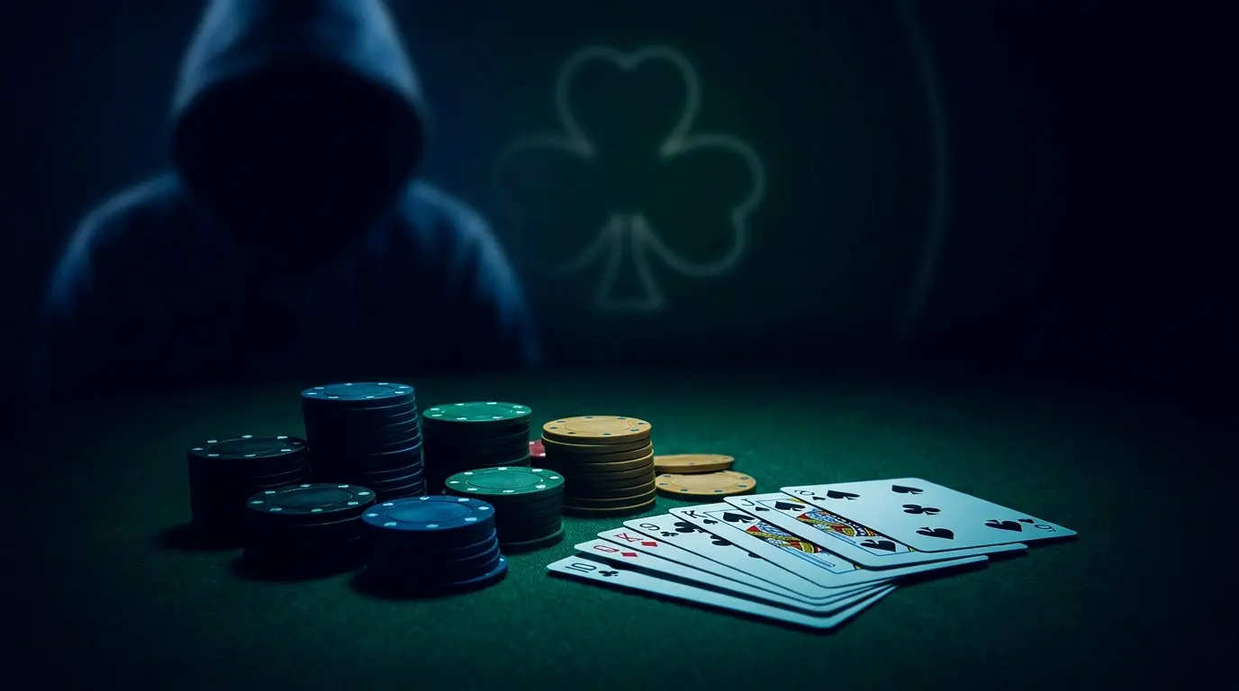 Casino chips and cards with shamrock in mysterious shadowy atmosphere