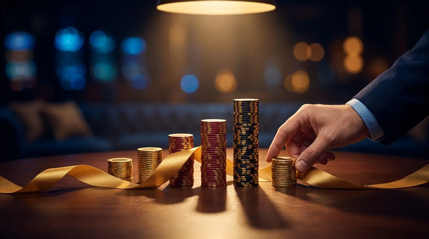 Casino chips stacked with golden promotional ribbon
