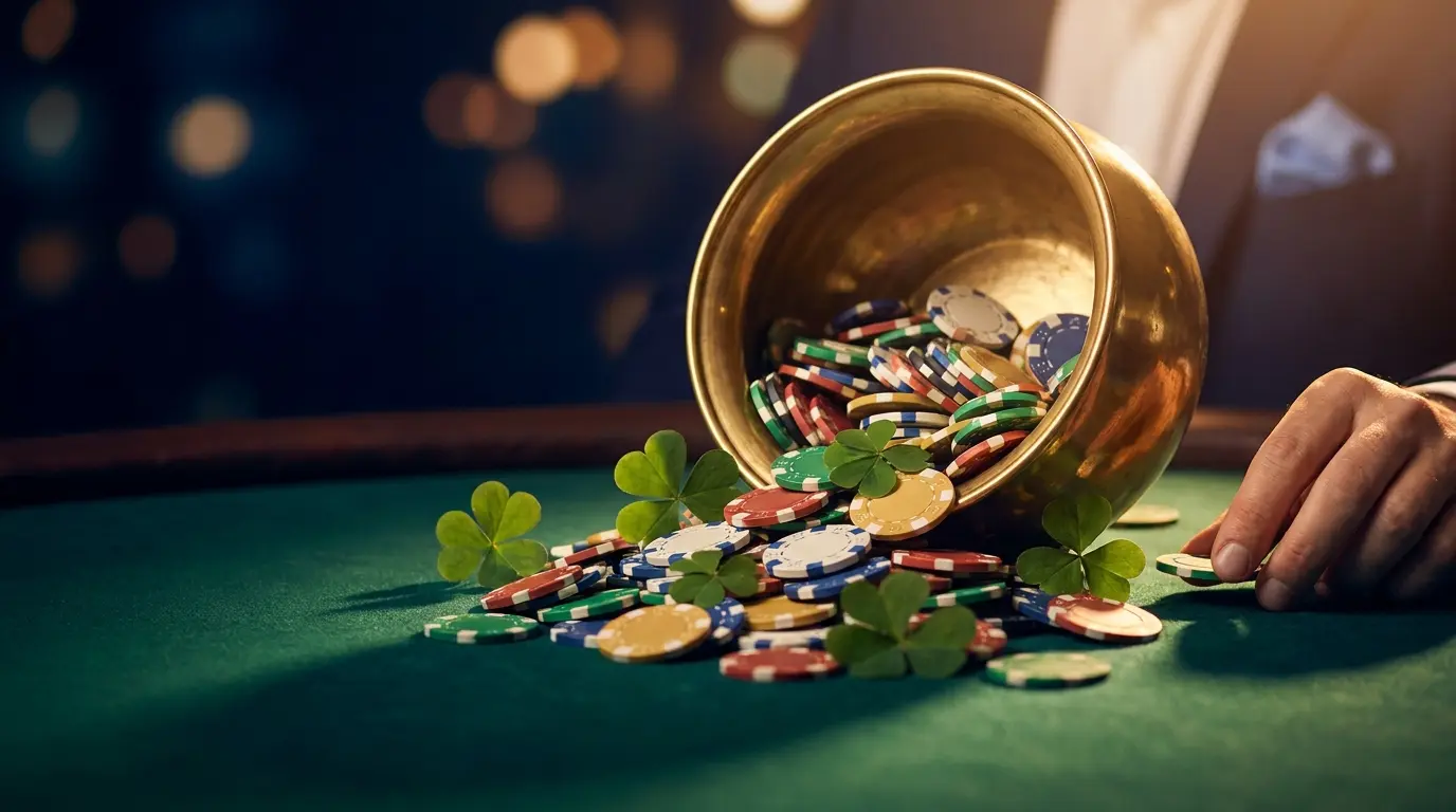 Casino chips overflowing from pot with shamrock leaves on green felt