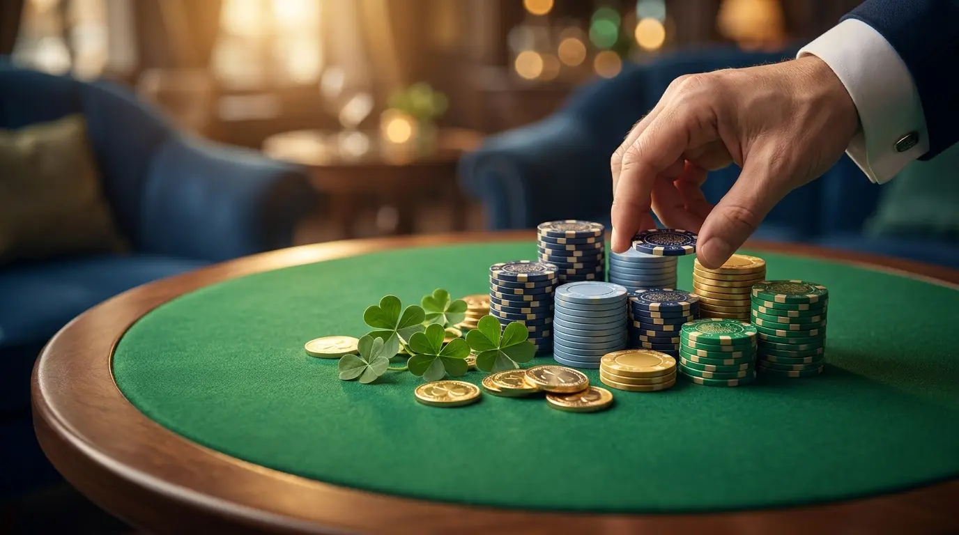 Casino chips with Irish shamrocks on green felt table