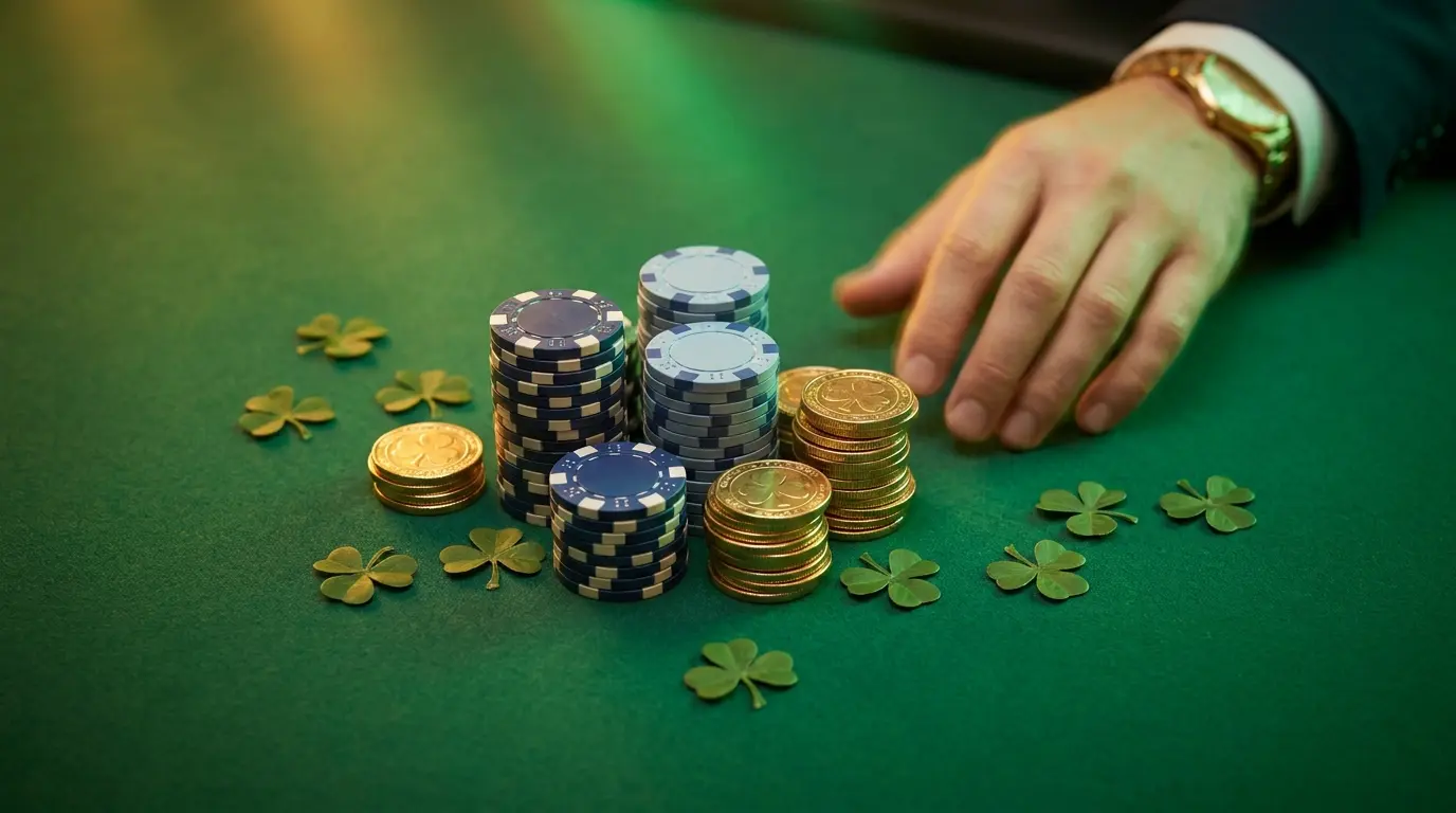 Casino chips and coins surrounded by Irish shamrocks on felt