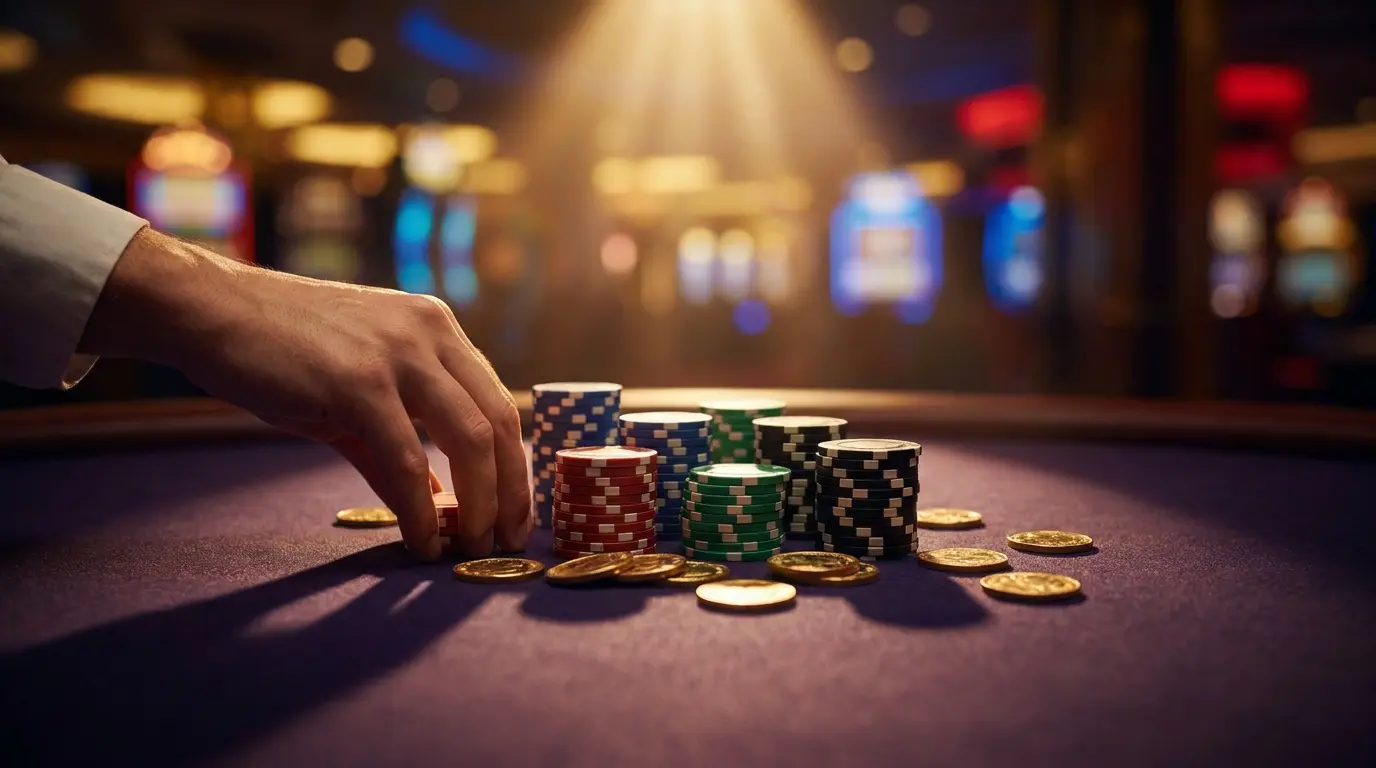 Stacked casino chips and coins on felt table with dramatic lighting