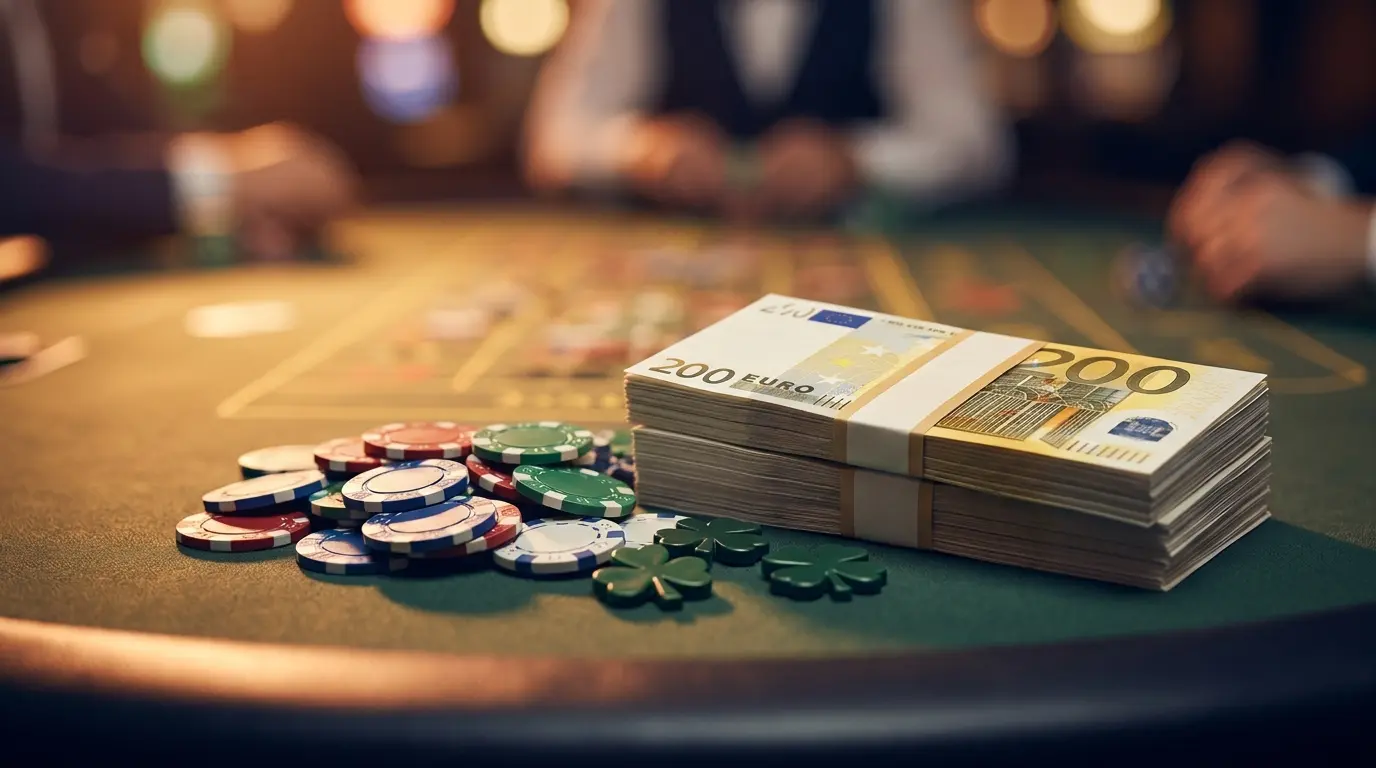 Euro banknotes with casino chips and shamrock on green felt table
