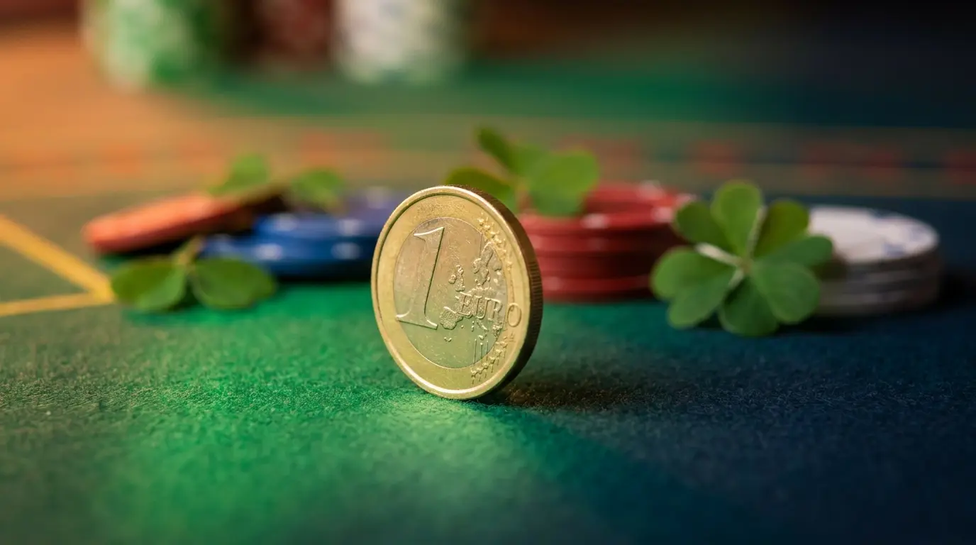 Euro coin on casino felt with shamrock leaves and poker chips
