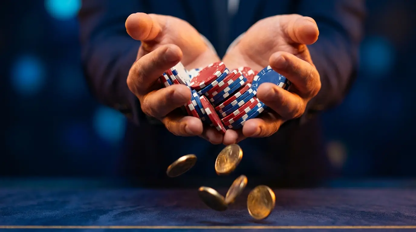 Hands holding overflowing casino chips with coins falling