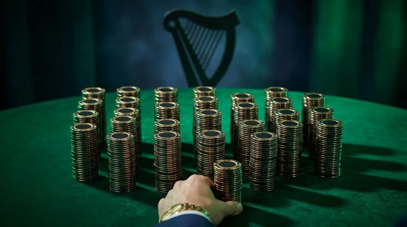 Luxury casino chips stacked high with Irish harp in background
