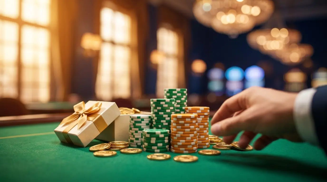 Casino chips and coins arranged with gift box on green felt