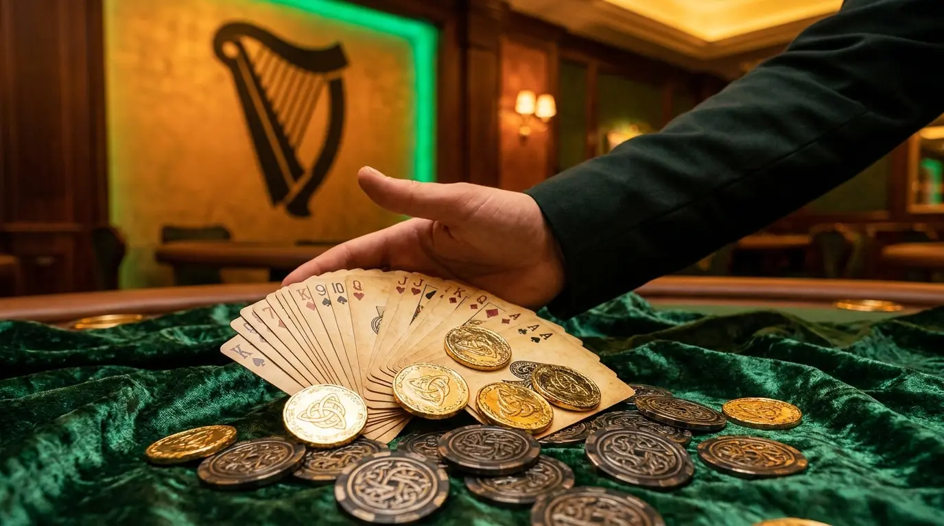 Playing cards and gold coins with Irish harp in casino setting