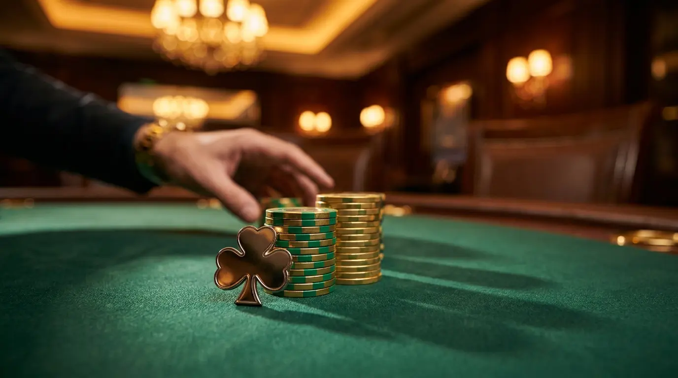 Casino chips with Irish green and gold colors on felt table