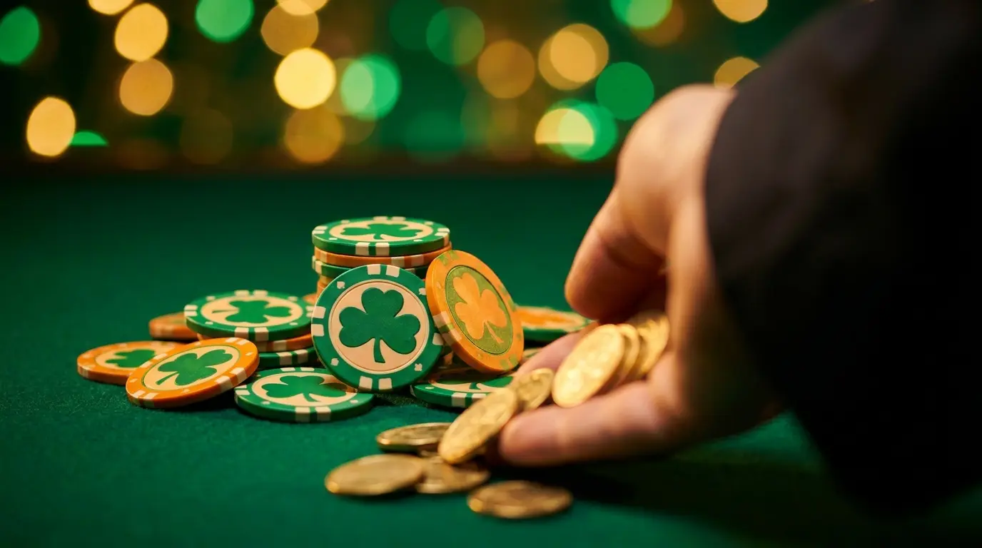 Poker chips and coins on casino table with Irish themed colors