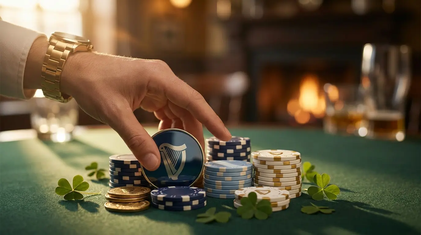 Casino chips and coins with Irish cultural elements on felt table