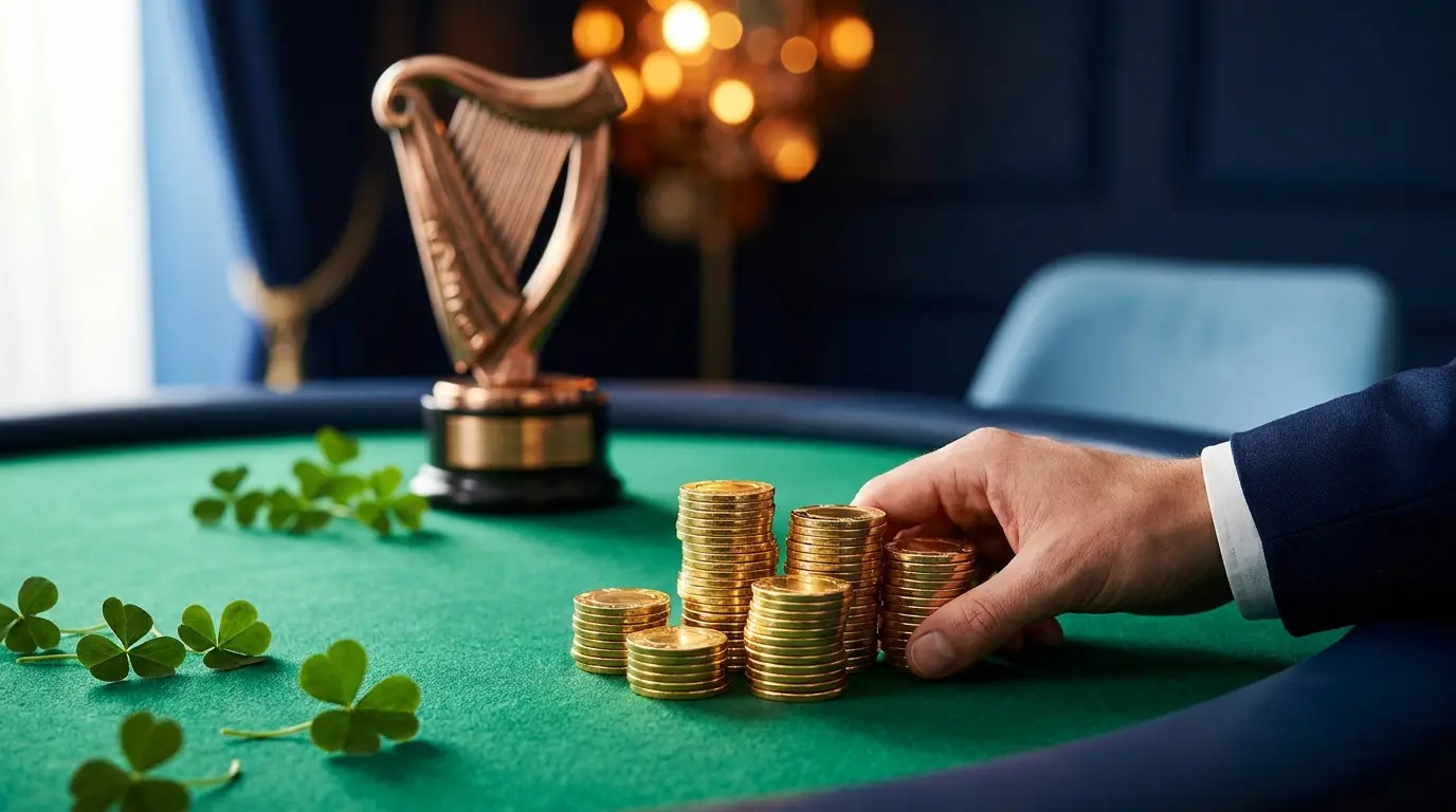 Casino chips and Irish symbols on green felt with warm lighting