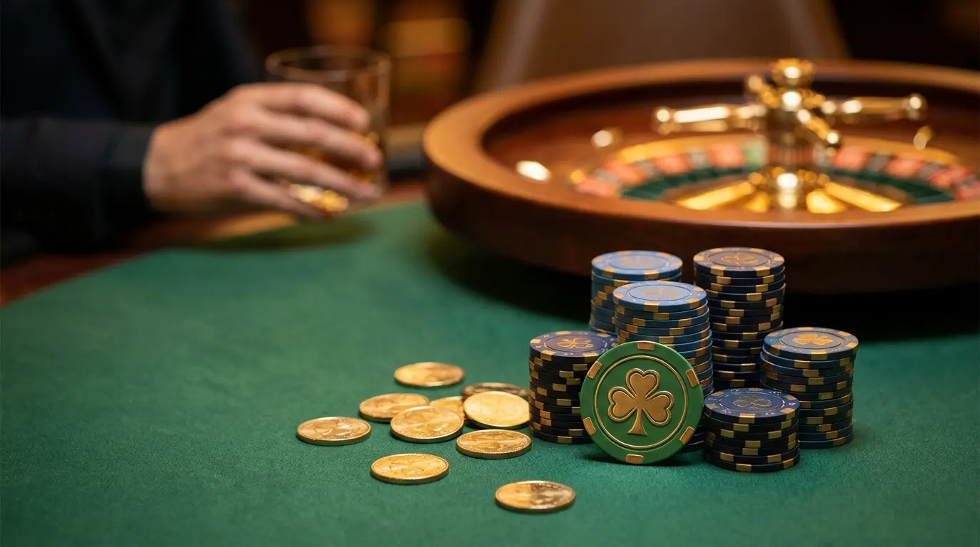 Casino chips and coins on felt table with Irish themed elements