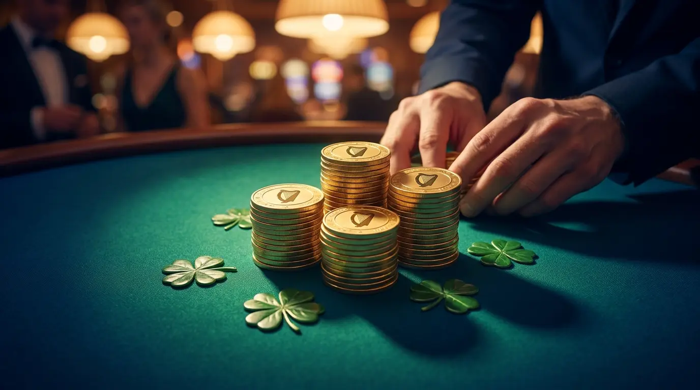 Golden casino chips with Irish motifs on green felt table